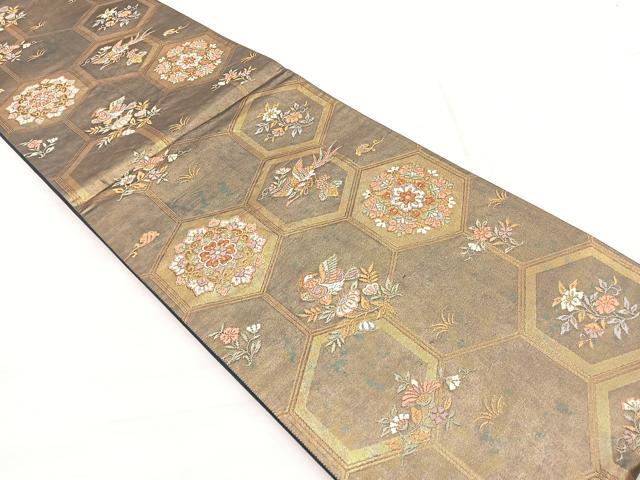 平和屋着物◎六通柄袋帯　彩錦　亀甲華鳥文　金糸　正絹　逸品　BAAX0756hv