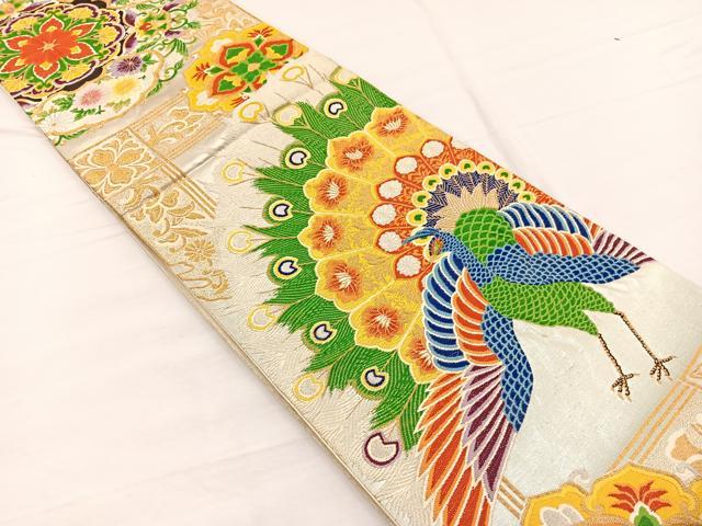 平和屋着物◎六通柄袋帯　唐織　孔雀　金銀糸　正絹　逸品　BAAX0761hv