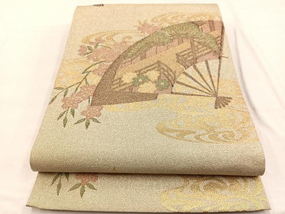 平和屋着物◎六通柄袋帯　扇面風景文　金銀糸　正絹　逸品　BAAX0769hv