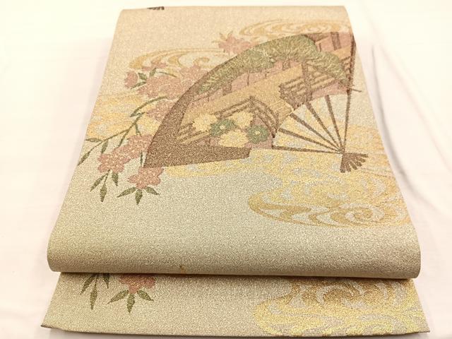 平和屋着物◎六通柄袋帯　扇面風景文　金銀糸　正絹　逸品　BAAX0769hv