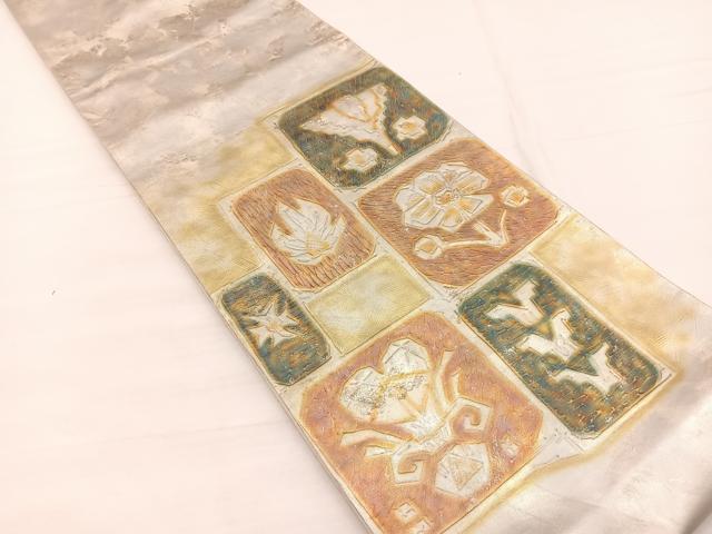 平和屋着物◎太鼓柄袋帯　ふくれ織　色紙花文　金彩　引箔　正絹　逸品　BAAX0777hv