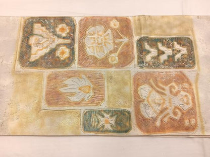 平和屋着物◎太鼓柄袋帯　ふくれ織　色紙花文　金彩　引箔　正絹　逸品　BAAX0777hv