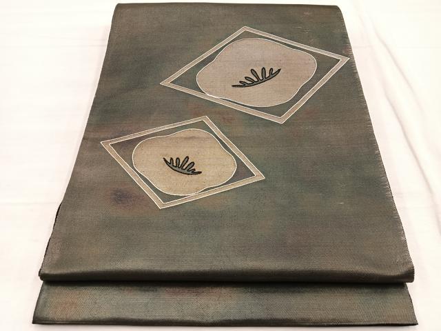 平和屋着物◎太鼓柄袋帯　駒刺繍　光琳梅菱文　銀糸　引箔　正絹　逸品　BAAX0781hv