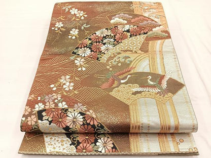 平和屋着物◎六通柄袋帯　唐織　地紙飛鶴花文　金銀糸　正絹　逸品　BAAX0783hv