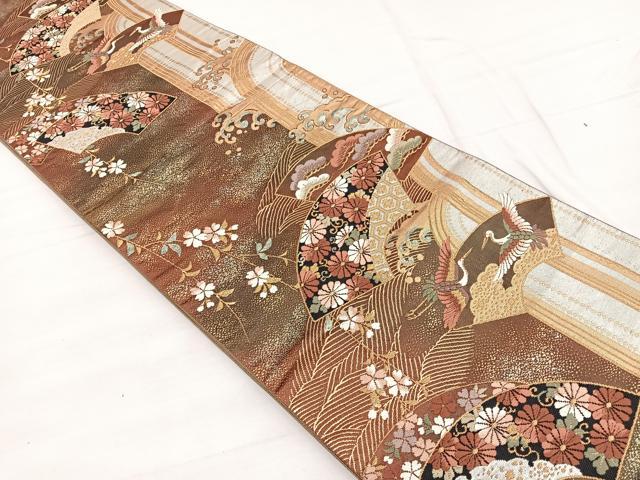 平和屋着物◎六通柄袋帯　唐織　地紙飛鶴花文　金銀糸　正絹　逸品　BAAX0783hv