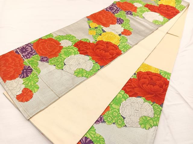 平和屋着物◎六通柄袋帯　唐織　草花文　銀糸　正絹　逸品　BAAX0784hv