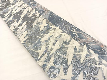 平和屋着物◎六通柄袋帯　唐織　飛鶴万寿　銀糸　正絹　逸品　BAAX0792hv