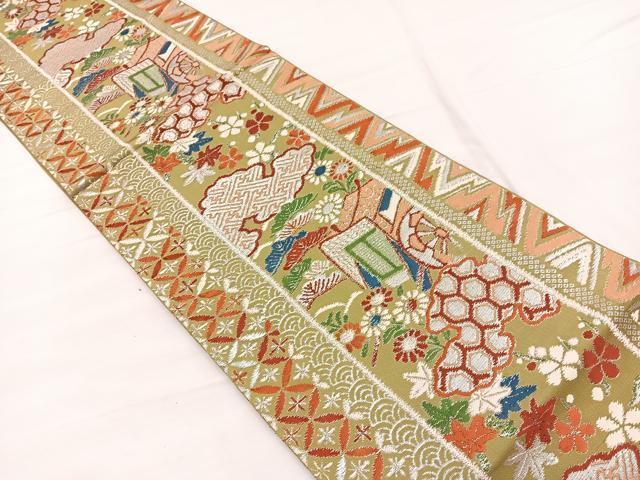 平和屋着物◎六通柄京袋　本袋帯　唐織　御所車花文　銀糸　正絹　逸品　BAAX0798hv