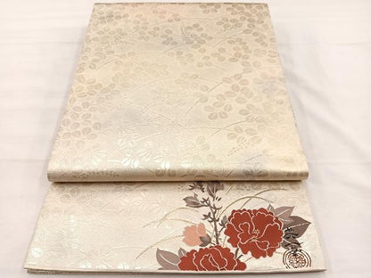 平和屋着物◎全通柄袋帯　作家物　萩　ワンポイント：牡丹　金糸　正絹　逸品　BAAX0804hv