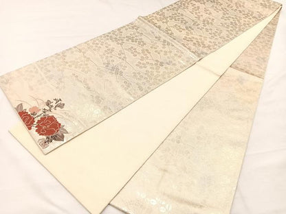 平和屋着物◎全通柄袋帯　作家物　萩　ワンポイント：牡丹　金糸　正絹　逸品　BAAX0804hv