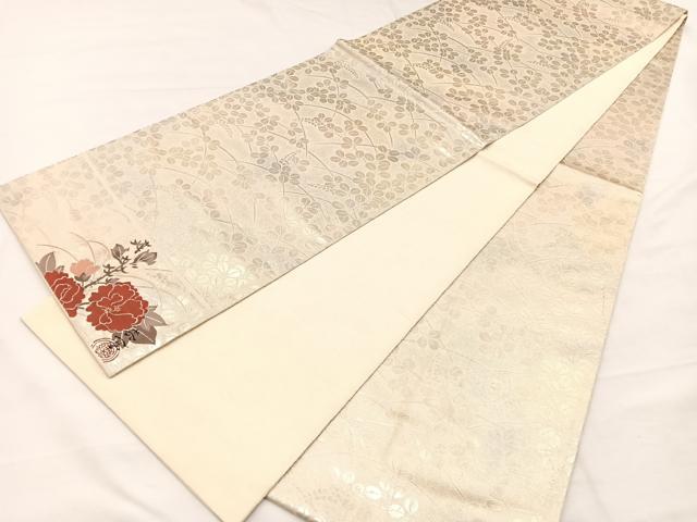 平和屋着物◎全通柄袋帯　作家物　萩　ワンポイント：牡丹　金糸　正絹　逸品　BAAX0804hv