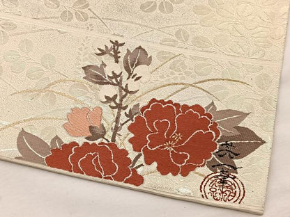 平和屋着物◎全通柄袋帯　作家物　萩　ワンポイント：牡丹　金糸　正絹　逸品　BAAX0804hv