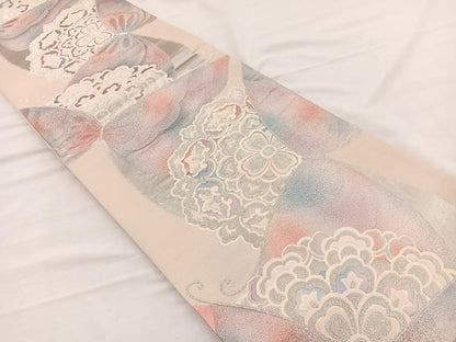 平和屋着物◎六通柄袋帯　宝相華舞蝶文　銀糸　正絹　逸品　BAAX0807hv