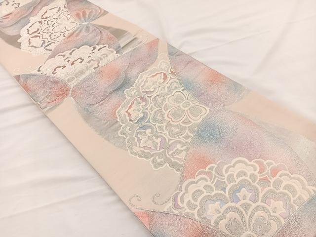 平和屋着物◎六通柄袋帯　宝相華舞蝶文　銀糸　正絹　逸品　BAAX0807hv