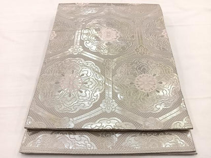 平和屋着物◎西陣　服部織物謹製　六通柄袋帯　こはく錦　亀甲花文　銀糸　正絹　逸品　BAAX0808hv