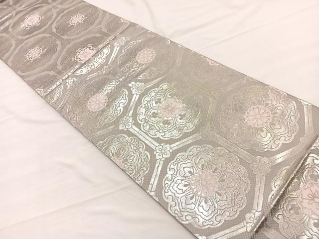 平和屋着物◎西陣　服部織物謹製　六通柄袋帯　こはく錦　亀甲花文　銀糸　正絹　逸品　BAAX0808hv