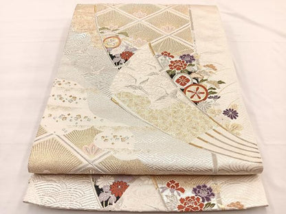 平和屋着物◎六通柄袋帯　唐織　飛鶴扇面花文　金銀糸　正絹　逸品　BAAX0816hv