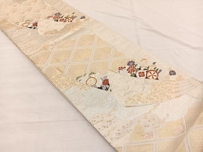 平和屋着物◎六通柄袋帯　唐織　飛鶴扇面花文　金銀糸　正絹　逸品　BAAX0816hv