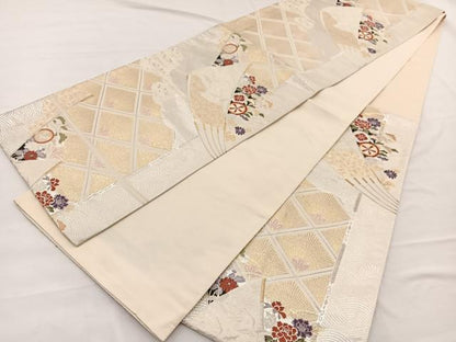 平和屋着物◎六通柄袋帯　唐織　飛鶴扇面花文　金銀糸　正絹　逸品　BAAX0816hv