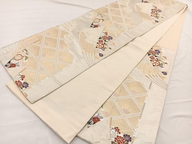 平和屋着物◎六通柄袋帯　唐織　飛鶴扇面花文　金銀糸　正絹　逸品　BAAX0816hv
