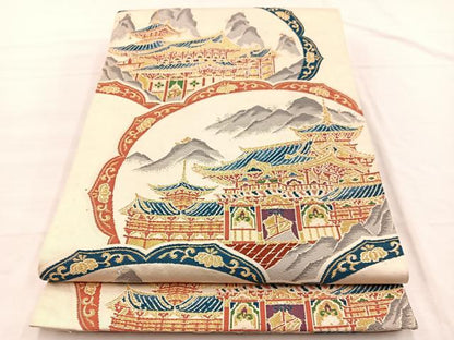 平和屋着物◎六通柄袋帯　唐織　風景絵皿文　金銀糸　正絹　逸品　BAAX0818hv