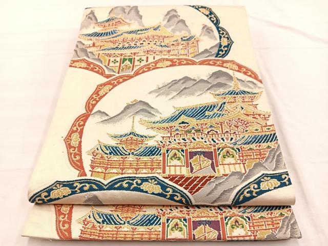 平和屋着物◎六通柄袋帯　唐織　風景絵皿文　金銀糸　正絹　逸品　BAAX0818hv