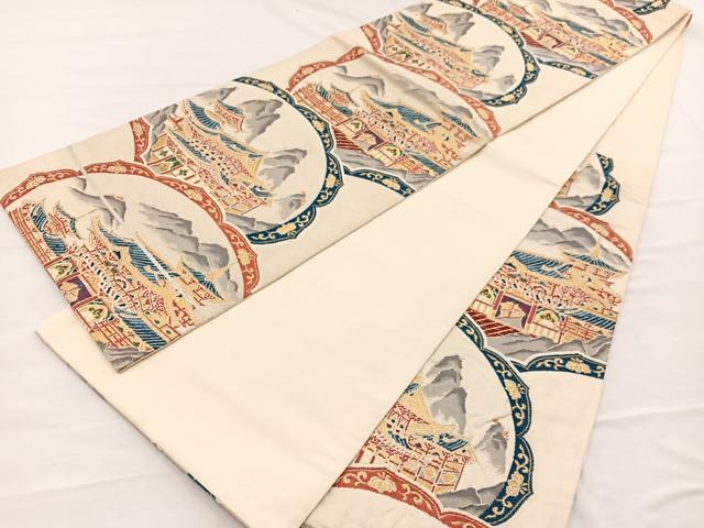 平和屋着物◎六通柄袋帯　唐織　風景絵皿文　金銀糸　正絹　逸品　BAAX0818hv