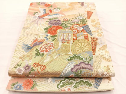 平和屋着物◎六通柄袋帯　唐織　瑞祥聚楽文　金糸　九百別織　正絹　逸品　BAAX0821hv