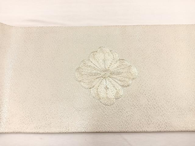 平和屋着物◎九寸名古屋帯　総駒刺繍　菱天井花文　銀糸　正絹　逸品　BAAX0830hv