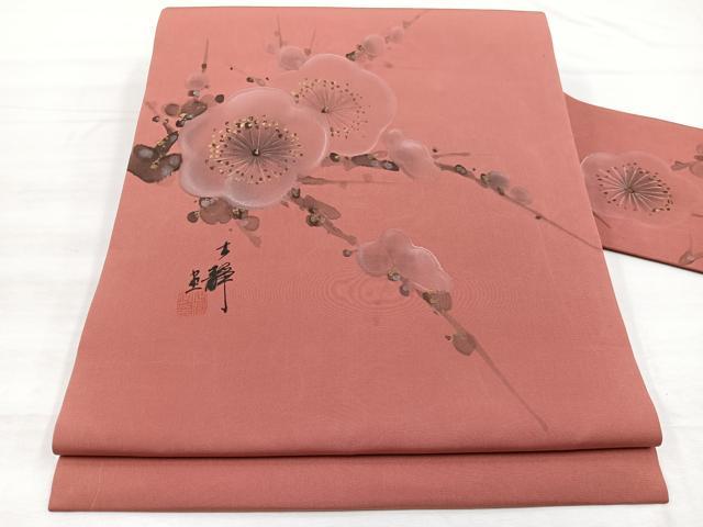 平和屋着物◎塩瀬　九寸名古屋帯　作家物　手描き　枝梅文　金彩　正絹　逸品　BAAX0834hv