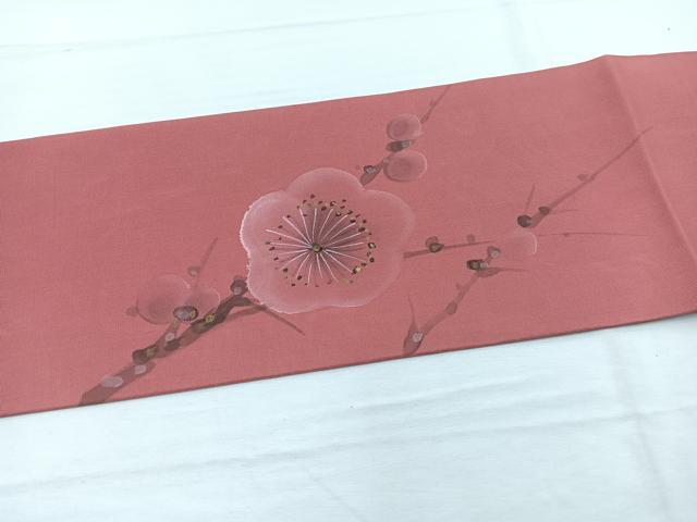 平和屋着物◎塩瀬　九寸名古屋帯　作家物　手描き　枝梅文　金彩　正絹　逸品　BAAX0834hv