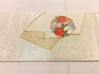 平和屋着物◎九寸名古屋帯　駒刺繍　地紙花文　金糸　正絹　逸品　BAAX0835hv
