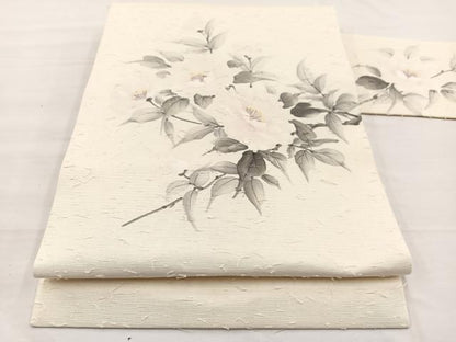 平和屋着物◎九寸名古屋帯　手描き　髭紬　民芸手織　牡丹　正絹　逸品　BAAX0836hv