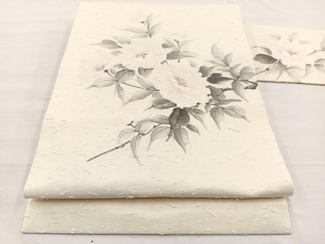 平和屋着物◎九寸名古屋帯　手描き　髭紬　民芸手織　牡丹　正絹　逸品　BAAX0836hv