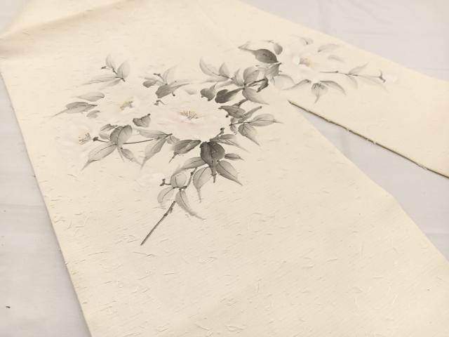 平和屋着物◎九寸名古屋帯　手描き　髭紬　民芸手織　牡丹　正絹　逸品　BAAX0836hv