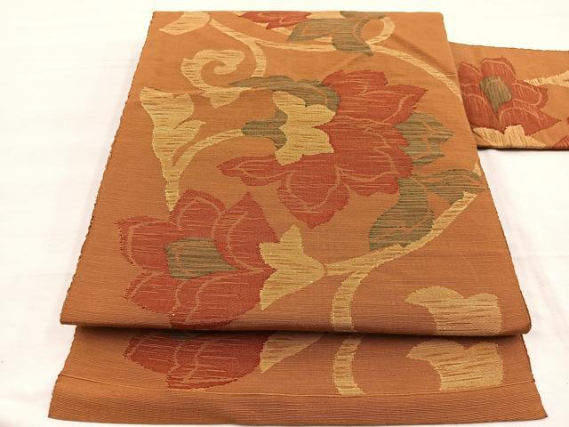 平和屋着物◎八寸名古屋帯　紬地　更紗花唐草文　正絹　逸品　BAAX0839hv