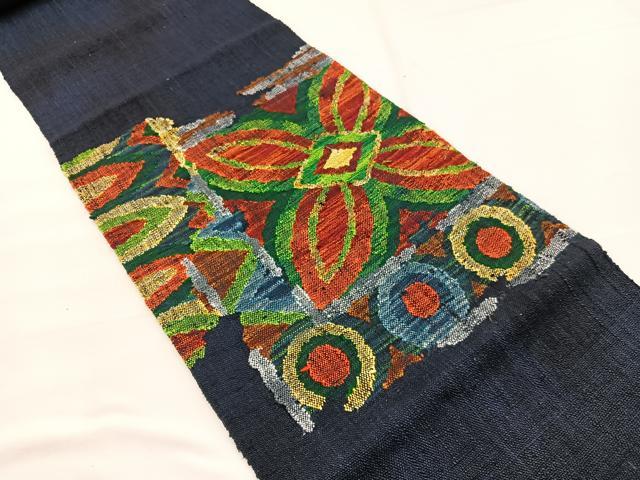 平和屋着物◎八寸名古屋帯　紬地　草花文　正絹　逸品　BAAX0840hv