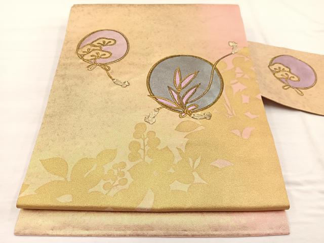 平和屋着物◎九寸名古屋帯　刺繍　松草葉丸文　金彩　正絹　逸品　BAAX0842hv