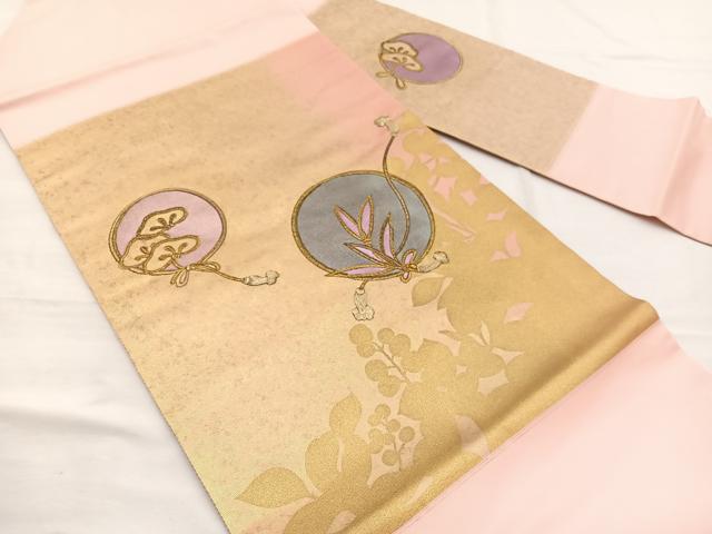 平和屋着物◎九寸名古屋帯　刺繍　松草葉丸文　金彩　正絹　逸品　BAAX0842hv