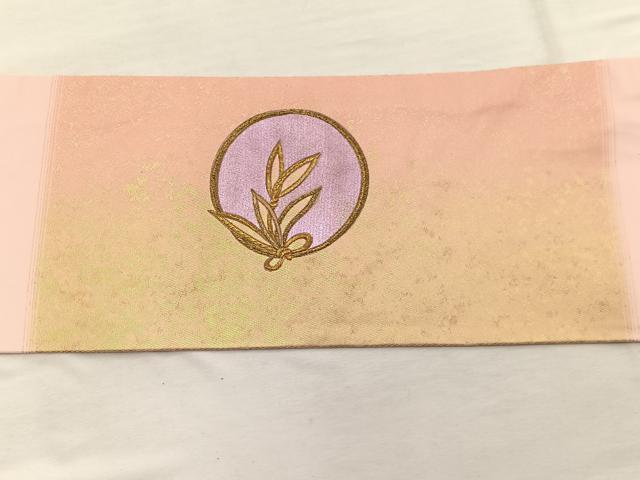 平和屋着物◎九寸名古屋帯　刺繍　松草葉丸文　金彩　正絹　逸品　BAAX0842hv