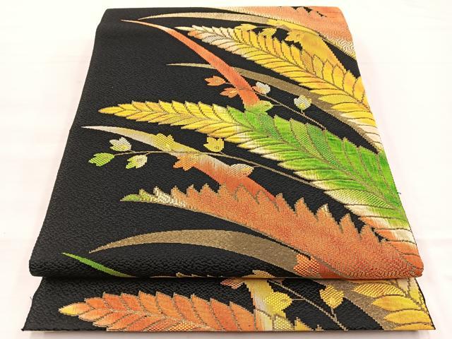 平和屋着物◎八寸名古屋帯　草葉文　黒地　金糸　正絹　逸品　BAAX0843hv