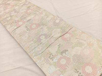 平和屋着物◎六通柄袋帯　唐織　菊尽くし　銀糸　正絹　逸品　BAAX0855hv