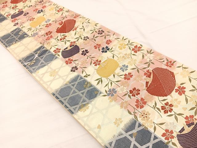 平和屋着物◎六通柄袋帯 唐織 枝垂れ桜糸巻き車文 金銀糸 正絹 逸品 BAAX0859hv