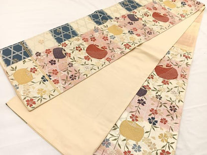 平和屋着物◎六通柄袋帯 唐織 枝垂れ桜糸巻き車文 金銀糸 正絹 逸品 BAAX0859hv
