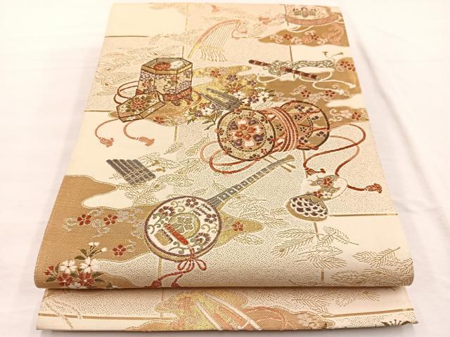 平和屋着物◎六通柄袋帯 銘明錦 貝桶楽器花文 金糸 正絹 逸品 BAAX0862hv