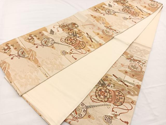 平和屋着物◎六通柄袋帯 銘明錦 貝桶楽器花文 金糸 正絹 逸品 BAAX0862hv