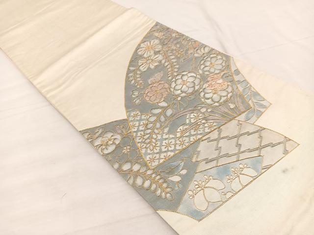 平和屋着物◎太鼓柄袋帯 総駒刺繍 辻が花 金糸 正絹 逸品 BAAX0866hv
