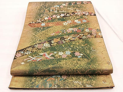 平和屋着物◎六通柄袋帯 唐織 熨斗鳳凰花文 瑞光貝箔 正絹 逸品 BAAX0874hv