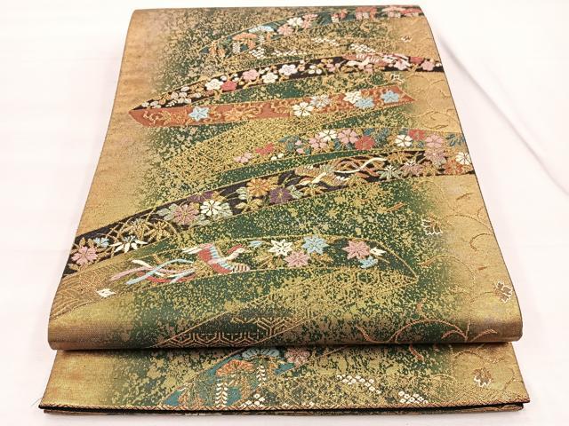 平和屋着物◎六通柄袋帯 唐織 熨斗鳳凰花文 瑞光貝箔 正絹 逸品 BAAX0874hv