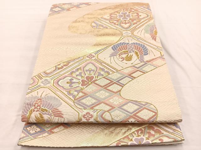 平和屋着物◎六通柄袋帯 唐織 鳳凰菱天井花文 金糸 正絹 逸品 BAAX0876hv